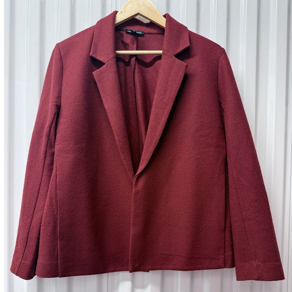 EILEEN FISHER 100% wool red open front long sleeve blazer jacket pockets